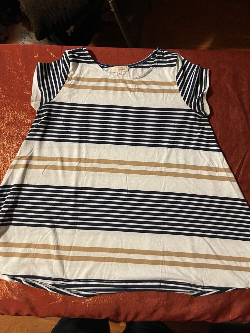 Puella Top Womens M Striped Scoop Neck Short Sleeve Aline Tunic Navy Tan White